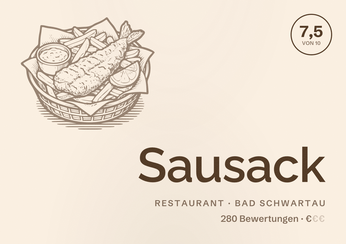 Illustriertes Poster von Sausack, Restaurant in Bad Schwartau: Bewertung 7,5 von 10 aus 280 Bewertungen, Preisniveau €