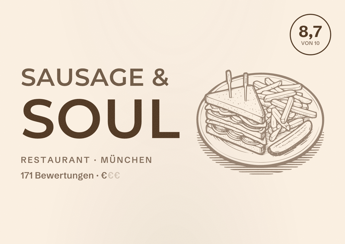 Illustriertes Poster von Sausage & Soul, Restaurant in München: Bewertung 8,7 von 10 aus 171 Bewertungen, Preisniveau €