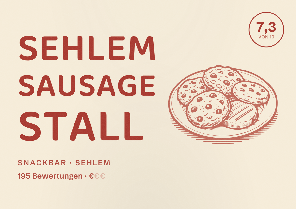 Illustriertes Poster von Sehlem Sausage Stall, Snackbar in Sehlem: Bewertung 7,3 von 10 aus 195 Bewertungen, Preisniveau €