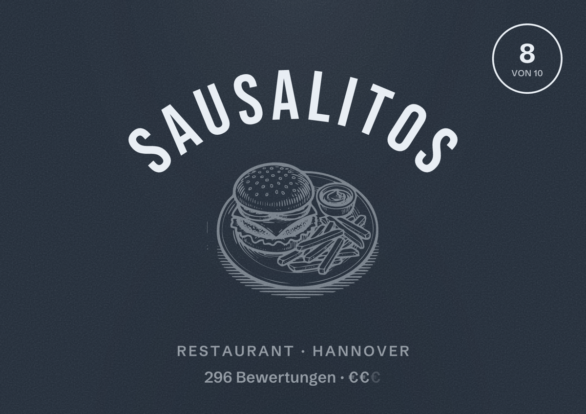 Illustriertes Poster von SAUSALITOS, Restaurant in Hannover: Bewertung 8,0 von 10 aus 296 Bewertungen, Preisniveau €€