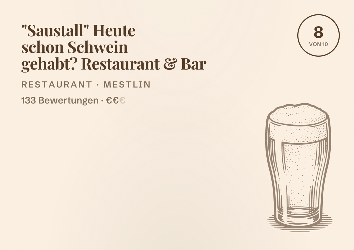 Illustriertes Poster von "Saustall" Heute schon Schwein gehabt? Restaurant & Bar, Restaurant in Mestlin: Bewertung 8 von 10 aus 133 Bewertungen, Preisniveau €€