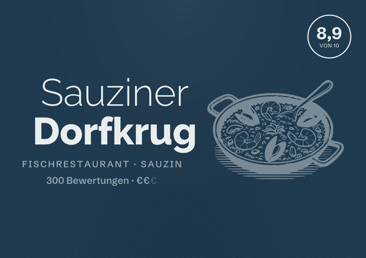 Illustriertes Poster von Sauziner Dorfkrug, Fischrestaurant in Sauzin: Bewertung 8,9 von 10 aus 300 Bewertungen, Preisniveau €€
