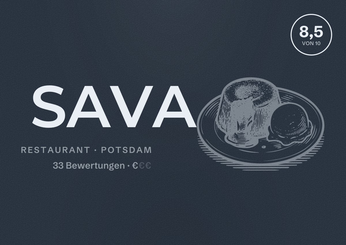 Illustriertes Poster von SAVA, Restaurant in Potsdam: Bewertung 8,5 von 10 aus 33 Bewertungen, Preisniveau €