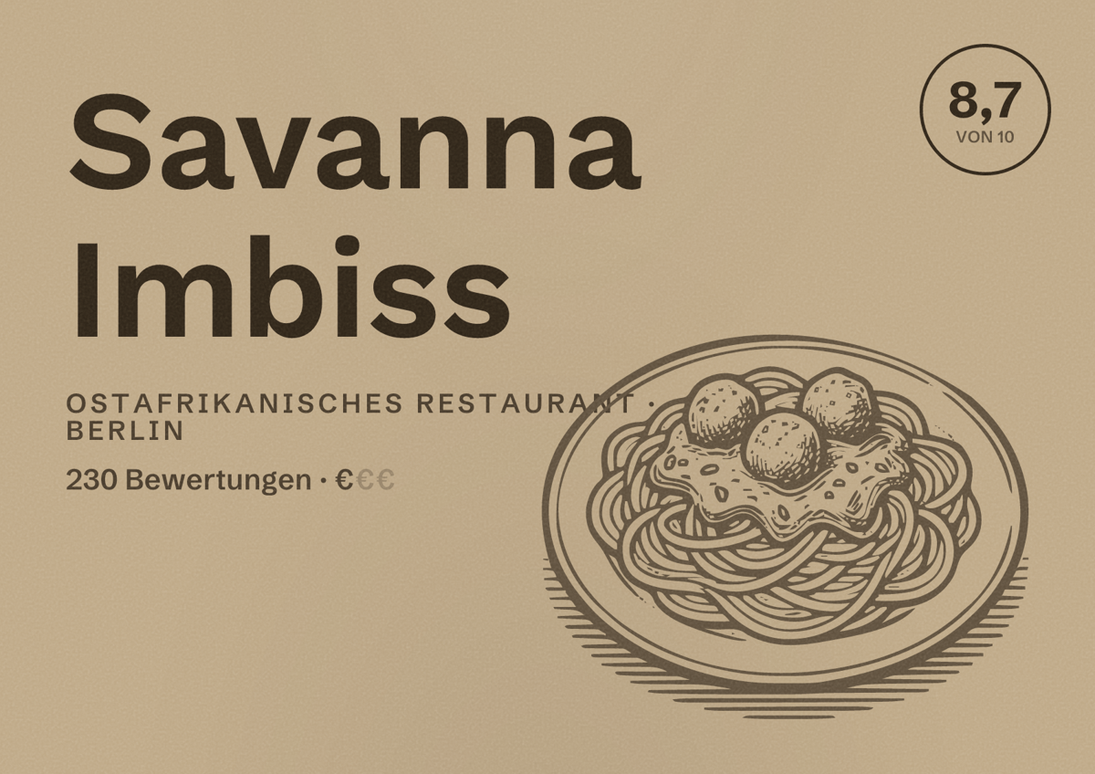Illustriertes Poster von Savanna Imbiss, Ostafrikanisches Restaurant in Berlin: Bewertung 8,7 von 10 aus 230 Bewertungen, Preisniveau €