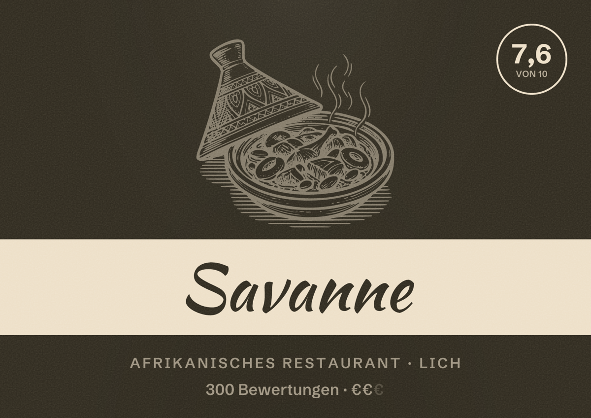 Illustriertes Poster von Savanne, Afrikanisches Restaurant in Lich: Bewertung 7,6 von 10 aus 300 Bewertungen, Preisniveau €€