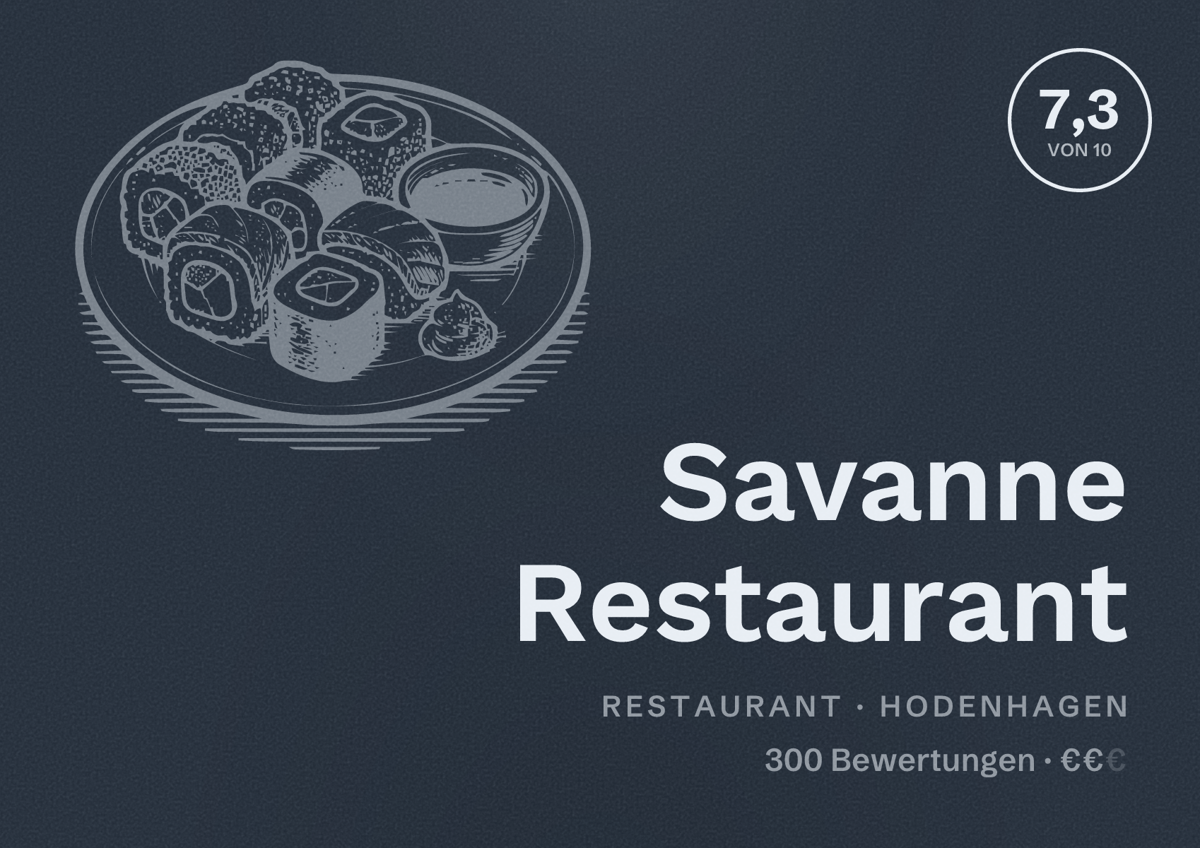 Illustriertes Poster von Savanne Restaurant, Restaurant in Hodenhagen: Bewertung 7,3 von 10 aus 300 Bewertungen, Preisniveau €€