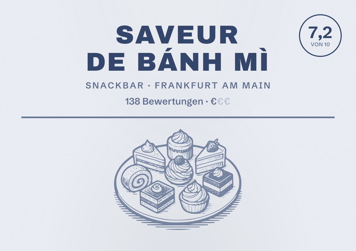 Illustriertes Poster von Saveur de Bánh Mì, Snackbar in Frankfurt am Main: Bewertung 7,2 von 10 aus 138 Bewertungen, Preisniveau €