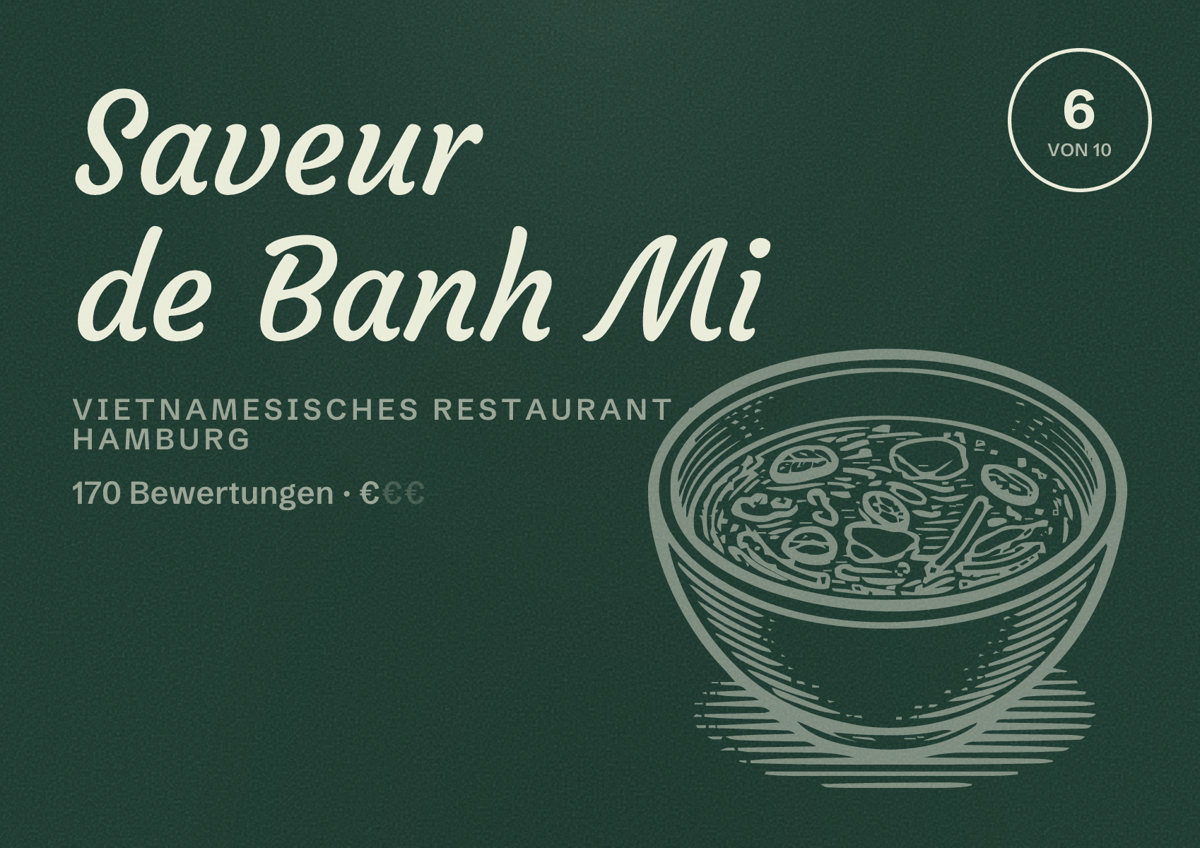 Illustriertes Poster von Saveur de Banh Mi, Vietnamesisches Restaurant in Hamburg: Bewertung 6,0 von 10 aus 170 Bewertungen, Preisniveau €