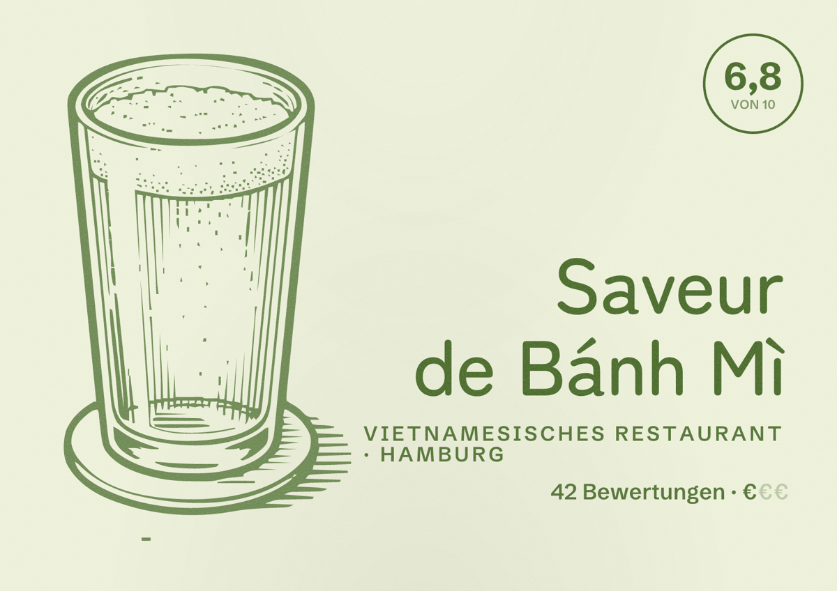 Illustriertes Poster von Saveur de Bánh Mì, Vietnamesisches Restaurant in Hamburg: Bewertung 6,8 von 10 aus 42 Bewertungen, Preisniveau €