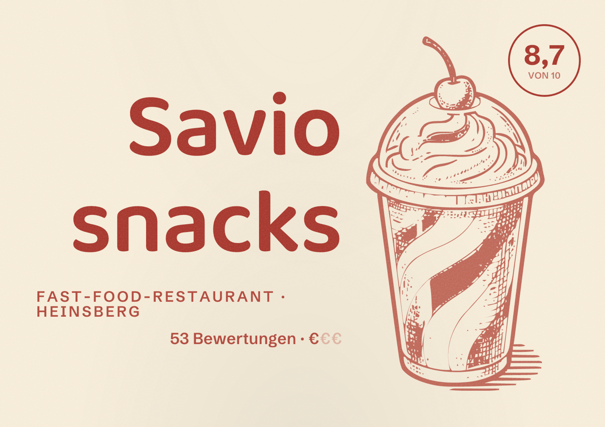 Illustriertes Poster von Savio snacks, Fast-Food-Restaurant in Heinsberg: Bewertung 8,7 von 10 aus 53 Bewertungen, Preisniveau €