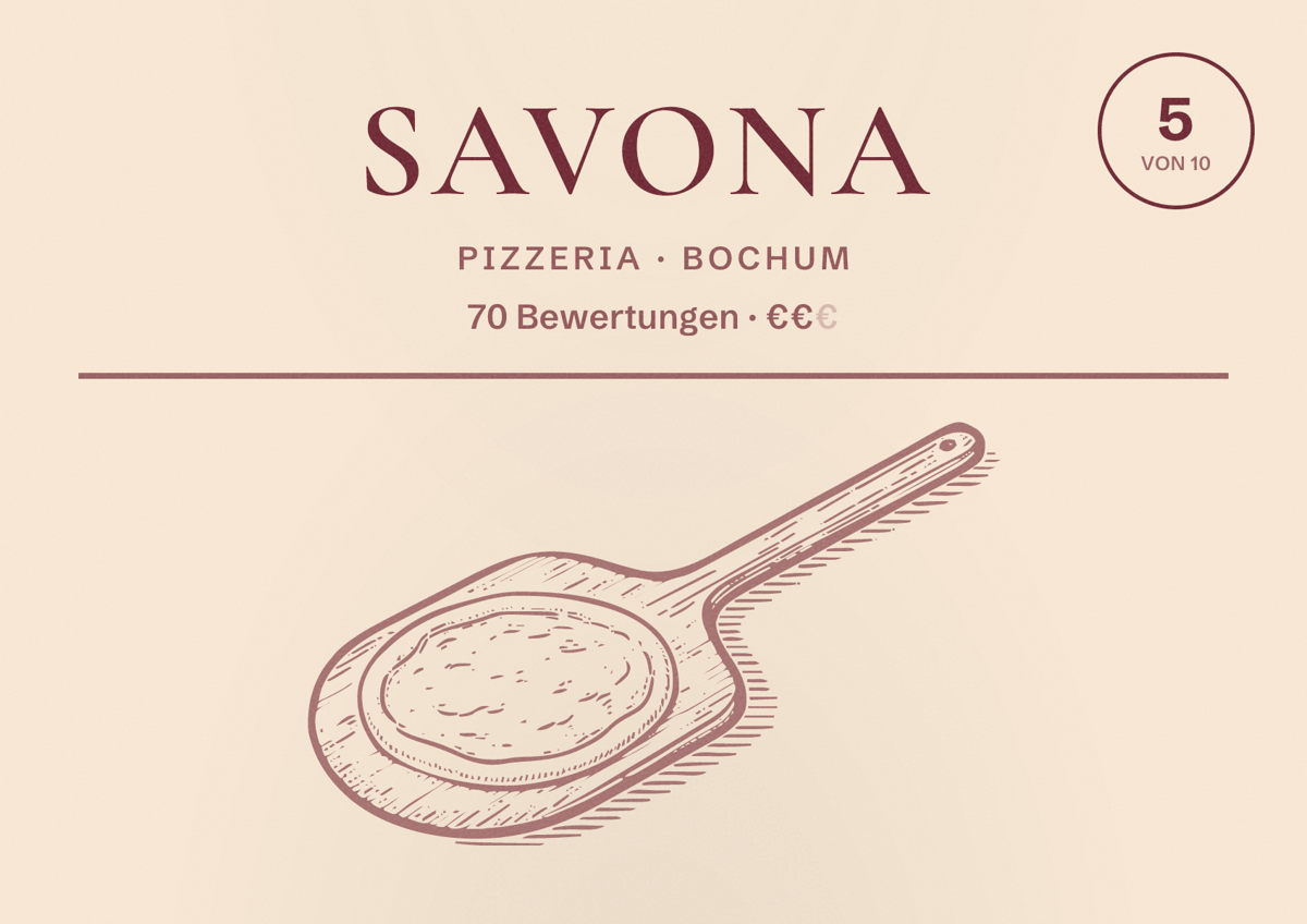 Illustriertes Poster von Savona, Pizzeria in Bochum: Gästebewertung 5 von 10 aus 70 Bewertungen