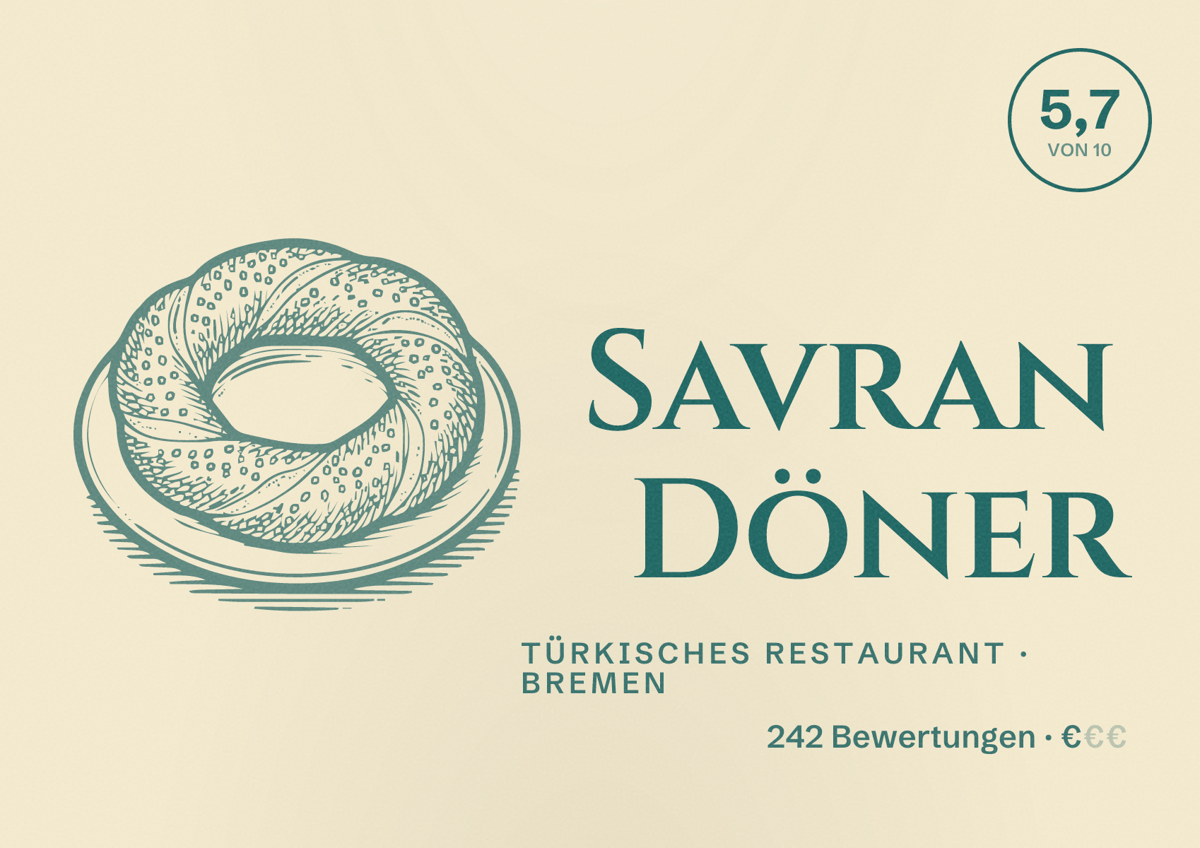 Illustriertes Poster von Savran Döner, Türkisches Restaurant in Bremen: Bewertung 5,7 von 10 aus 242 Bewertungen, Preisniveau €