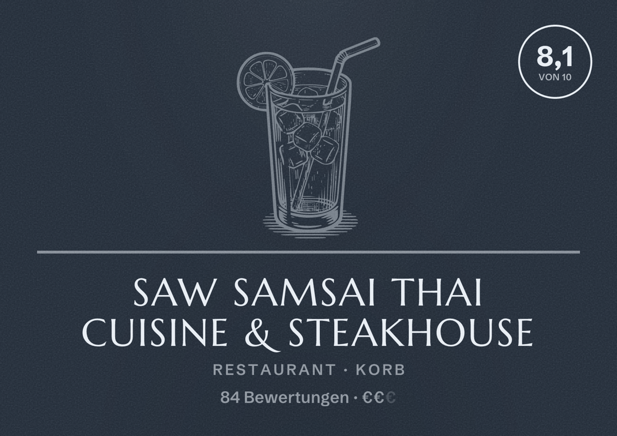 Illustriertes Poster von Saw SamSai Thai Cuisine & Steakhouse, Restaurant in Korb: Bewertung 8,1 von 10 aus 84 Bewertungen, Preisniveau €€