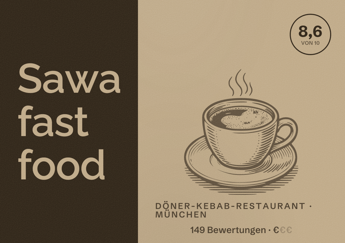 Illustriertes Poster von Sawa fast food, Döner-Kebab-Restaurant in München: Bewertung 8,6 von 10 aus 149 Bewertungen, Preisniveau €