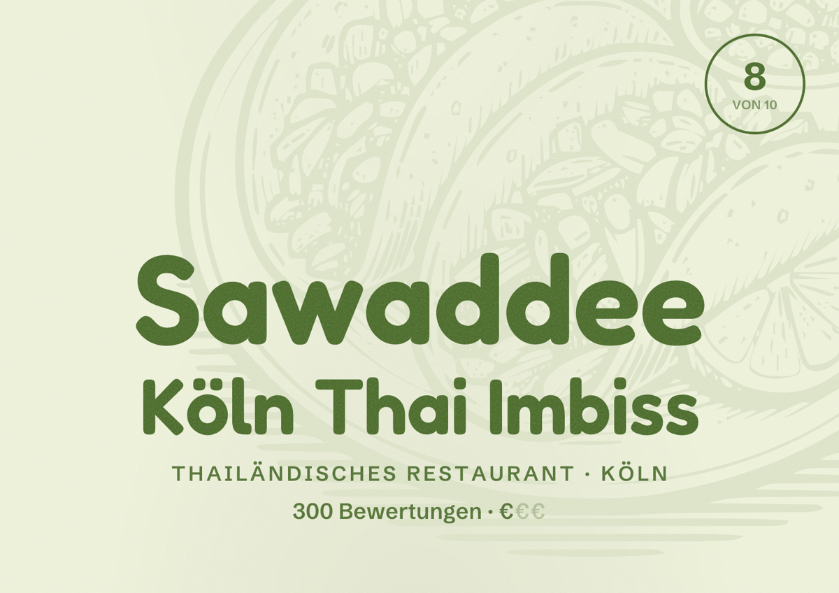 Illustriertes Poster von Sawaddee Köln Thai Imbiss, Thailändisches Restaurant in Köln: Bewertung 8,0 von 10 aus 300 Bewertungen, Preisniveau €