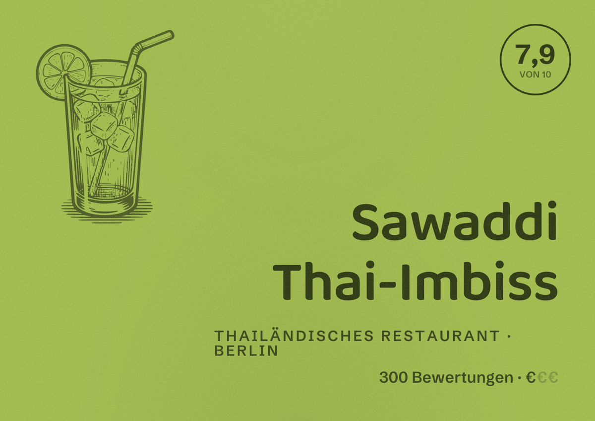 Illustriertes Poster von Sawaddi Thai-Imbiss, Thailändisches Restaurant in Berlin: Bewertung 7,9 von 10 aus 300 Bewertungen, Preisniveau €
