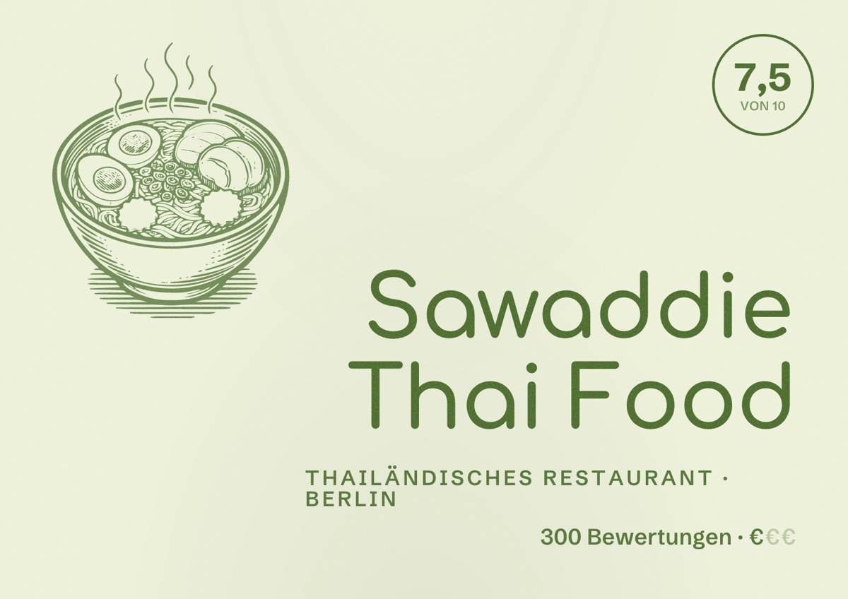 Illustriertes Poster von Sawaddie Thai Food, Thailändisches Restaurant in Berlin: Bewertung 7,5 von 10 aus 300 Bewertungen, Preisniveau €