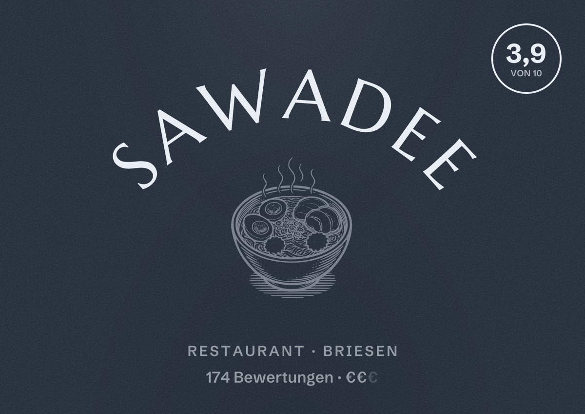 Illustriertes Poster von Sawadee, Restaurant in Briesen: Bewertung 3,9 von 10 aus 174 Bewertungen, Preisniveau €€