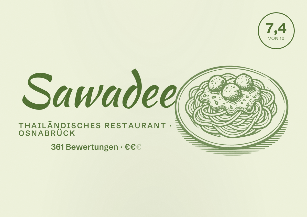 Illustriertes Poster von Sawadee, Thailändisches Restaurant in Osnabrück: Bewertung 7,4 von 10 aus 361 Bewertungen, Preisniveau €€