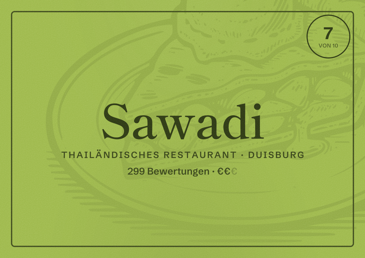 Illustriertes Poster von Sawadi, Thailändisches Restaurant in Duisburg: Bewertung 7 von 10 aus 299 Bewertungen, Preisniveau €€