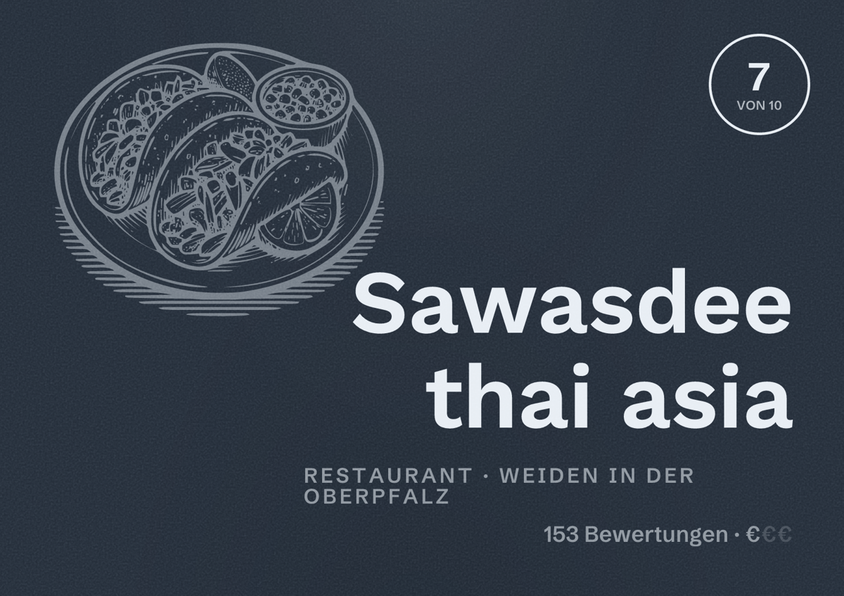 Illustriertes Poster von Sawasdee thai asia, Restaurant in Weiden in der Oberpfalz: Bewertung 7 von 10 aus 153 Bewertungen, Preisniveau €