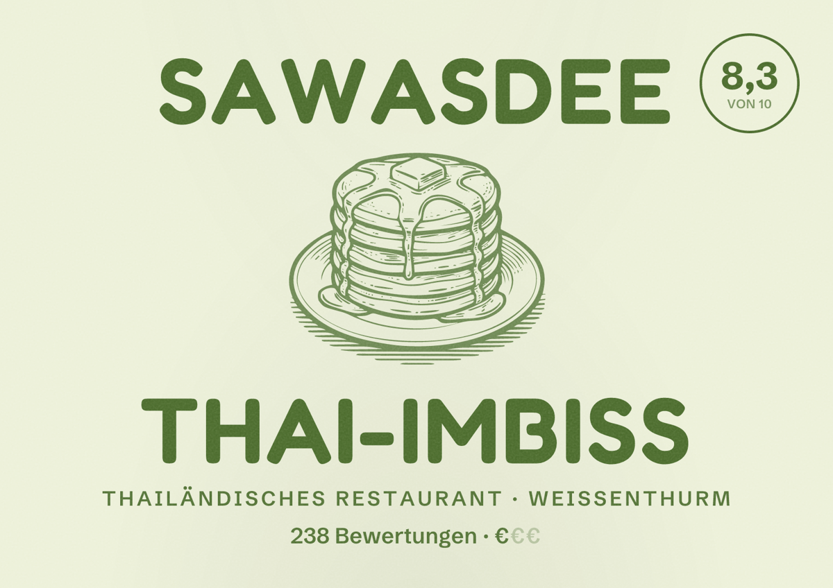 Illustriertes Poster von Sawasdee Thai-Imbiss, Thailändisches Restaurant in Weißenthurm: Bewertung 8,3 von 10 aus 238 Bewertungen, Preisniveau €
