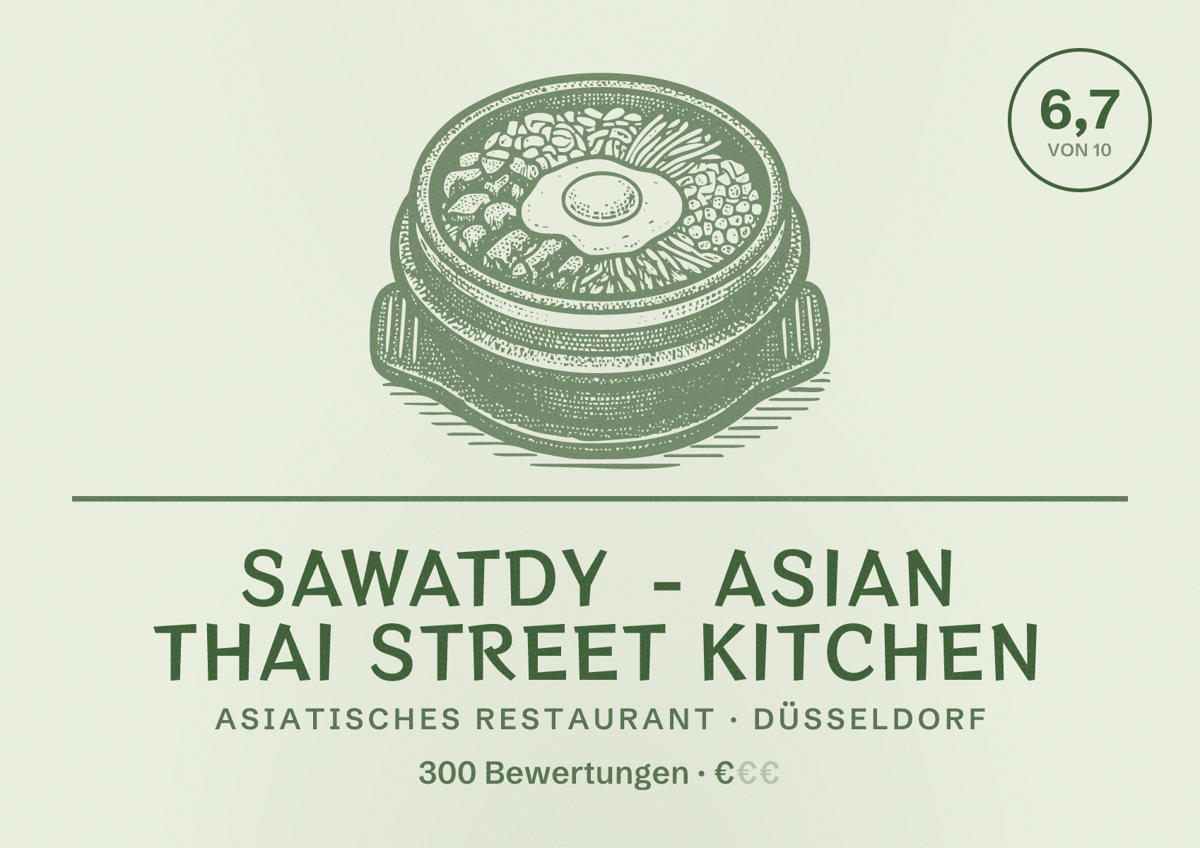 Illustriertes Poster von Sawatdy - Asian Thai Street Kitchen, Asiatisches Restaurant in Düsseldorf: Bewertung 6,7 von 10 aus 300 Bewertungen, Preisniveau €