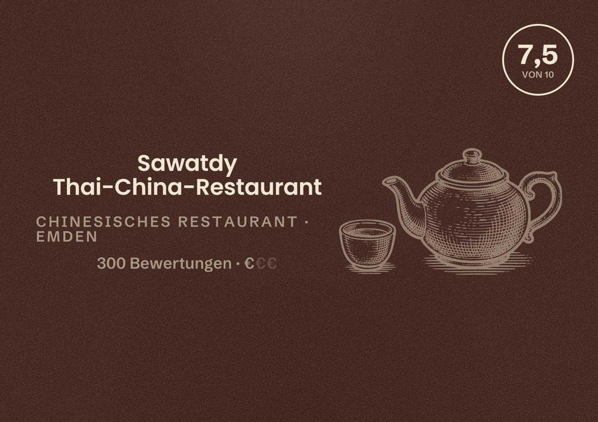 Illustriertes Poster von Sawatdy Thai-China-Restaurant, Chinesisches Restaurant in Emden: Bewertung 7,5 von 10 aus 300 Bewertungen, Preisniveau €