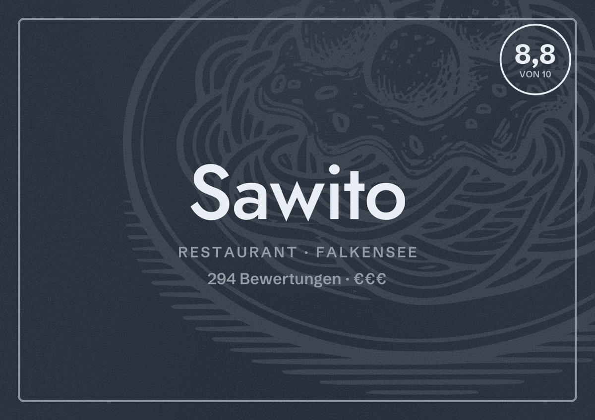 Illustriertes Poster von Sawito, Restaurant in Falkensee: Bewertung 8,8 von 10 aus 294 Bewertungen, Preisniveau €€€