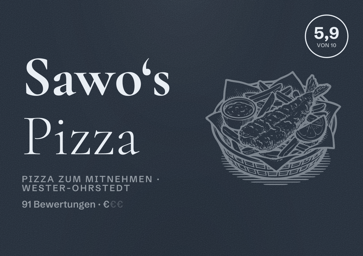 Illustriertes Poster von Sawo‘s Pizza, Pizza zum Mitnehmen in Wester-Ohrstedt: Bewertung 5,9 von 10 aus 91 Bewertungen, Preisniveau €