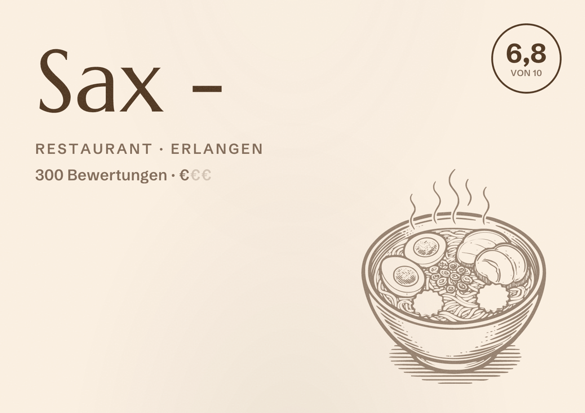 Illustriertes Poster von Sax -, Restaurant in Erlangen: Bewertung 6,8 von 10 aus 300 Bewertungen, Preisniveau €