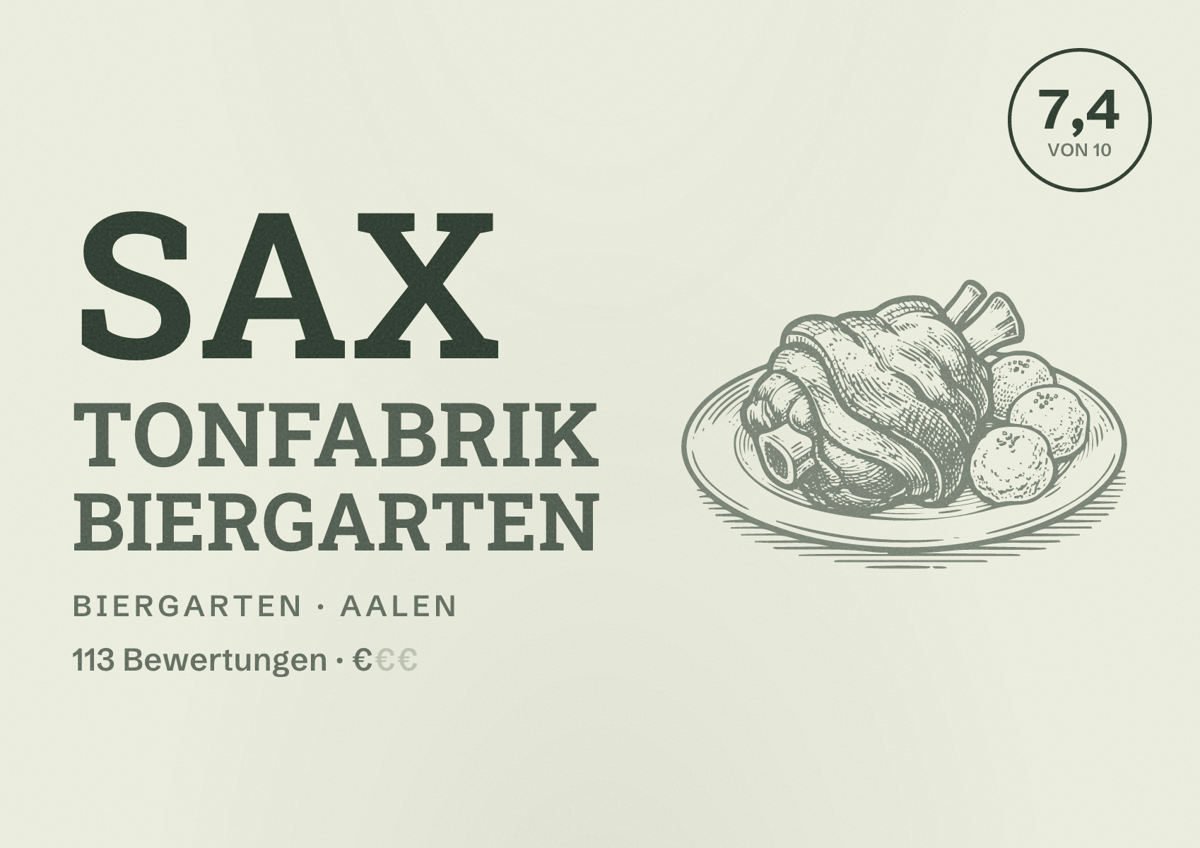 Illustriertes Poster von Sax Tonfabrik Biergarten, Biergarten in Aalen: Bewertung 7,4 von 10 aus 113 Bewertungen, Preisniveau €