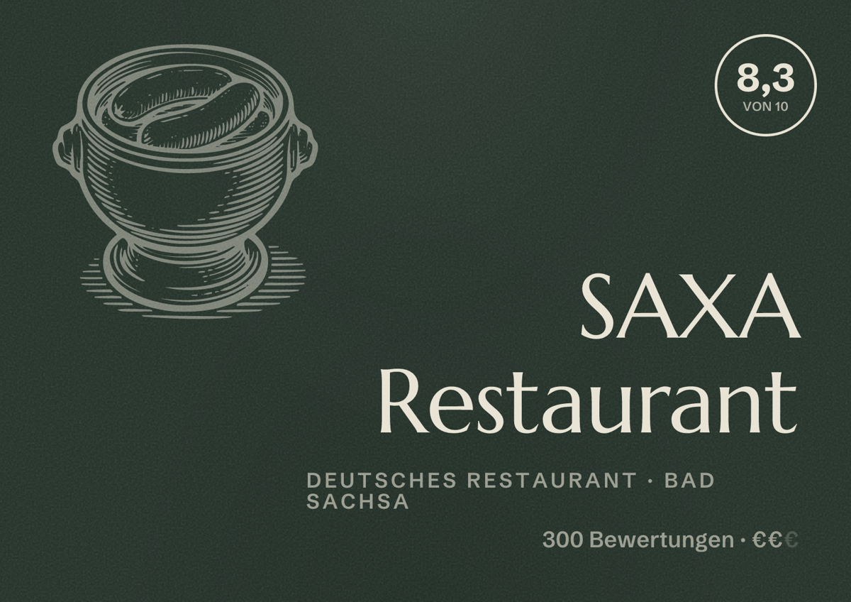 Illustriertes Poster von SAXA Restaurant, Deutsches Restaurant in Bad Sachsa: Bewertung 8,3 von 10 aus 300 Bewertungen, Preisniveau €€