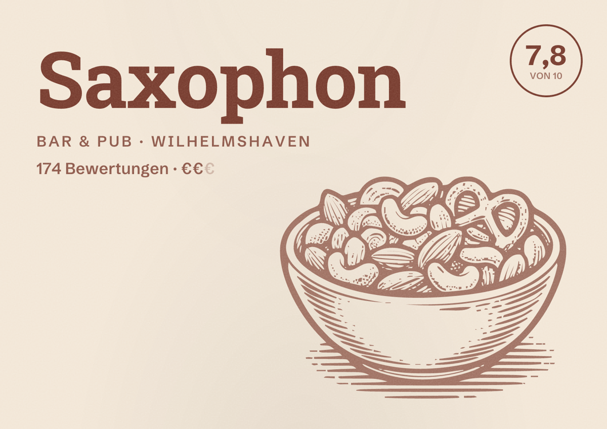 Illustriertes Poster von Saxophon, Bar & Pub in Wilhelmshaven: Bewertung 7,8 von 10 aus 174 Bewertungen, Preisniveau €€