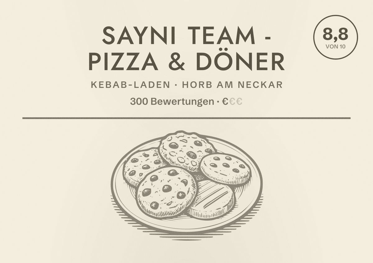 Illustriertes Poster von Sayni Team - Pizza & Döner, Kebab-Laden in Horb am Neckar: Bewertung 8,8 von 10 aus 300 Bewertungen, Preisniveau €