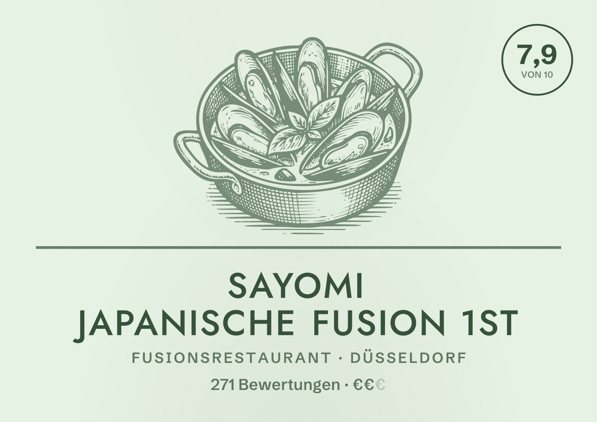 Illustriertes Poster von Sayomi Japanische Fusion 1st, Fusionsrestaurant in Düsseldorf: Bewertung 7,9 von 10 aus 271 Bewertungen, Preisniveau €€