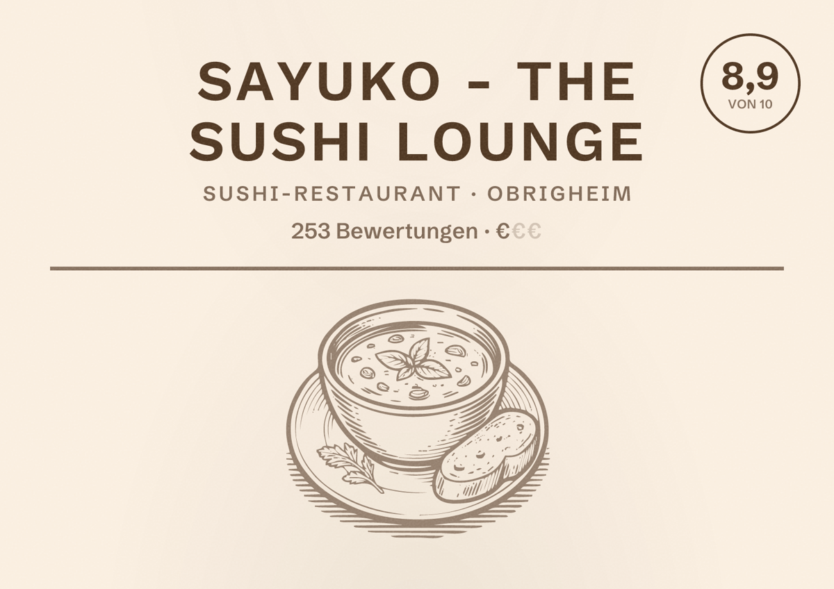 Illustriertes Poster von Sayuko - The Sushi Lounge, Sushi-Restaurant in Obrigheim: Bewertung 8,9 von 10 aus 253 Bewertungen, Preisniveau €