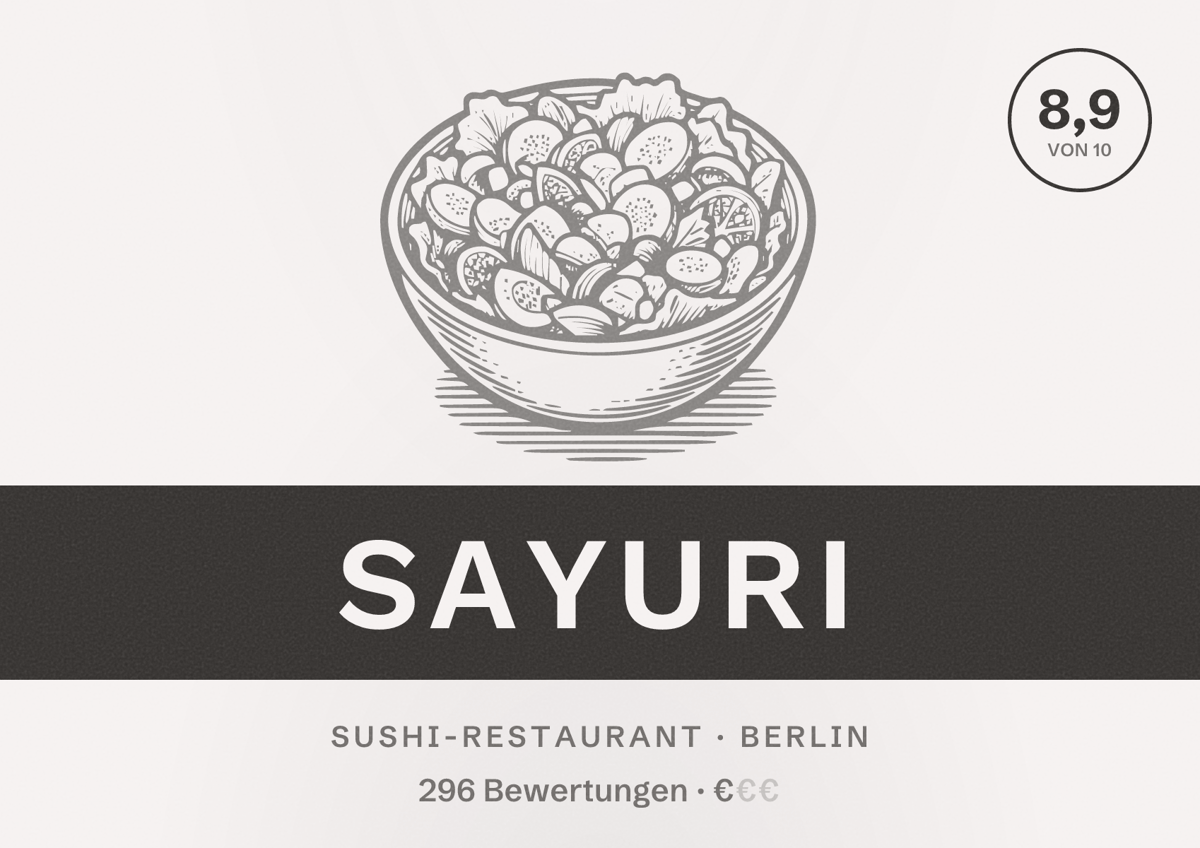 Illustriertes Poster von sayuri, Sushi-Restaurant in Berlin: Bewertung 8,9 von 10 aus 296 Bewertungen, Preisniveau €