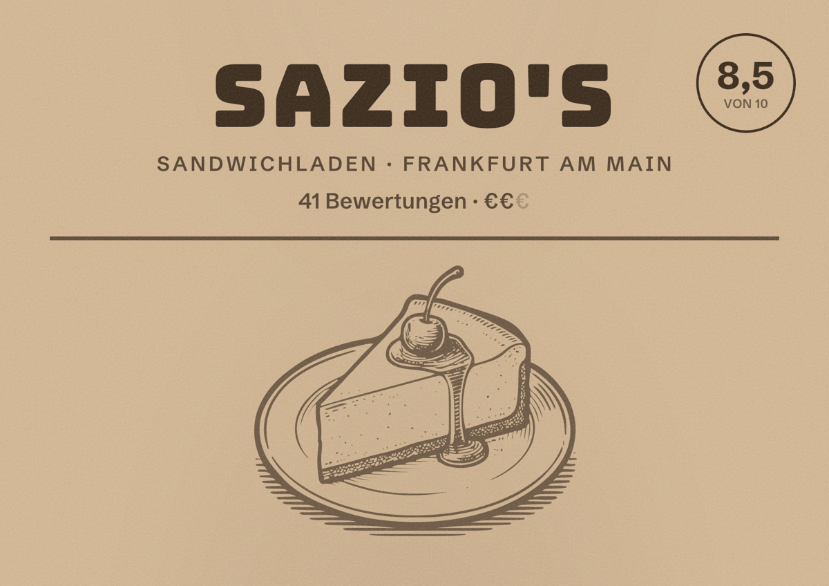 Illustriertes Poster von Sazio's, Sandwichladen in Frankfurt am Main: Bewertung 8,5 von 10 aus 41 Bewertungen, Preisniveau €€