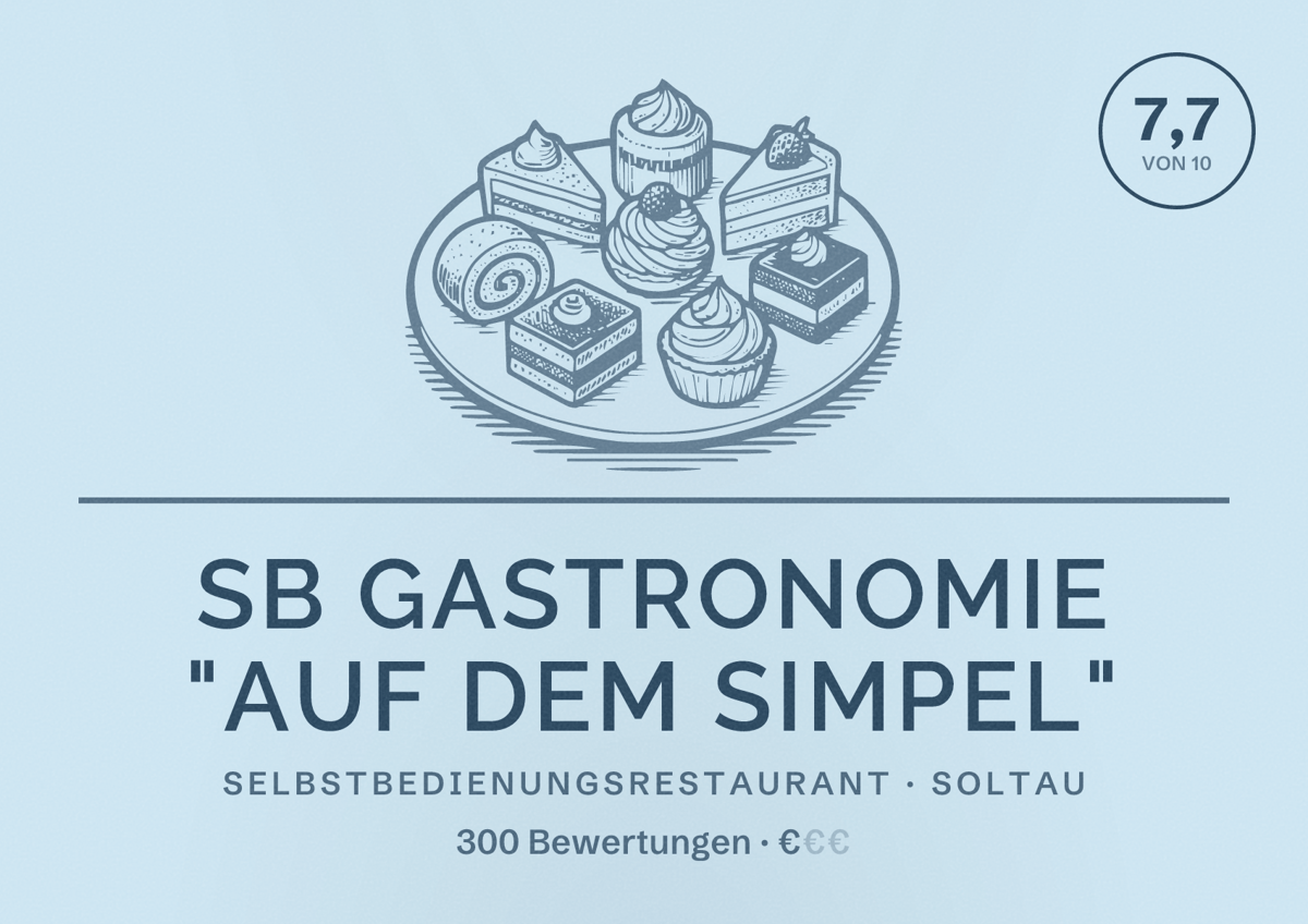 Illustriertes Poster von SB Gastronomie "Auf dem Simpel", Selbstbedienungsrestaurant in Soltau: Bewertung 7,7 von 10 aus 300 Bewertungen, Preisniveau €