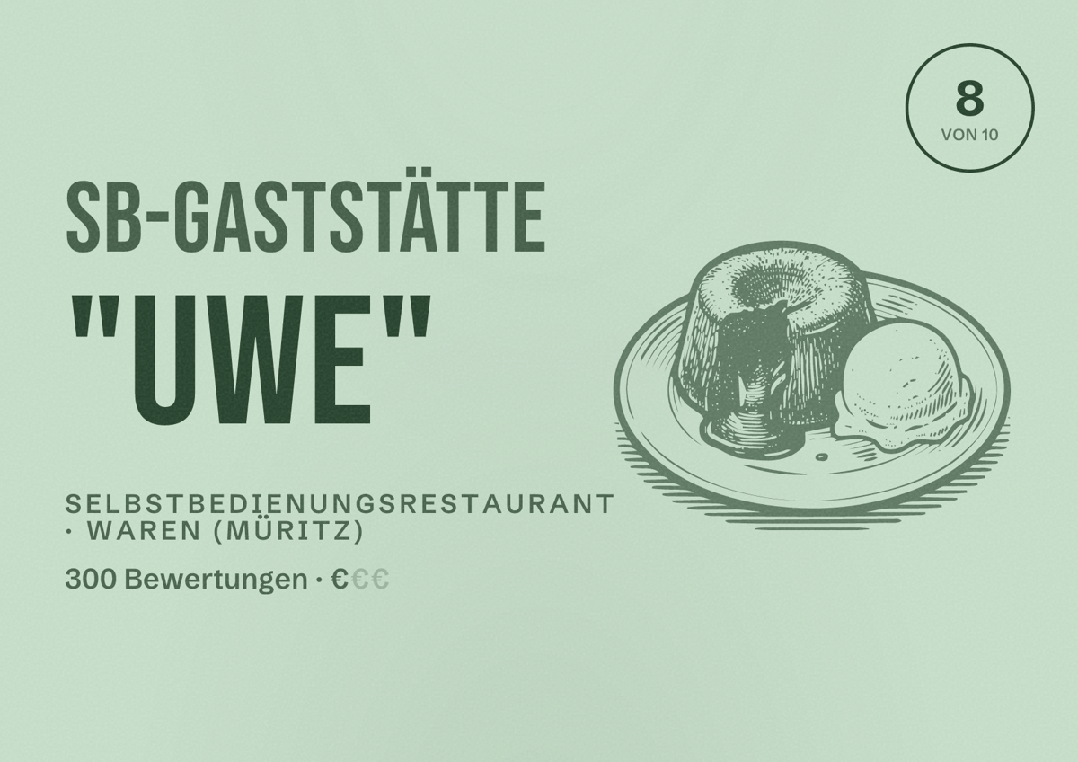 Illustriertes Poster von SB-Gaststätte "Uwe", Selbstbedienungsrestaurant in Waren (Müritz): Bewertung 8 von 10 aus 300 Bewertungen, Preisniveau €