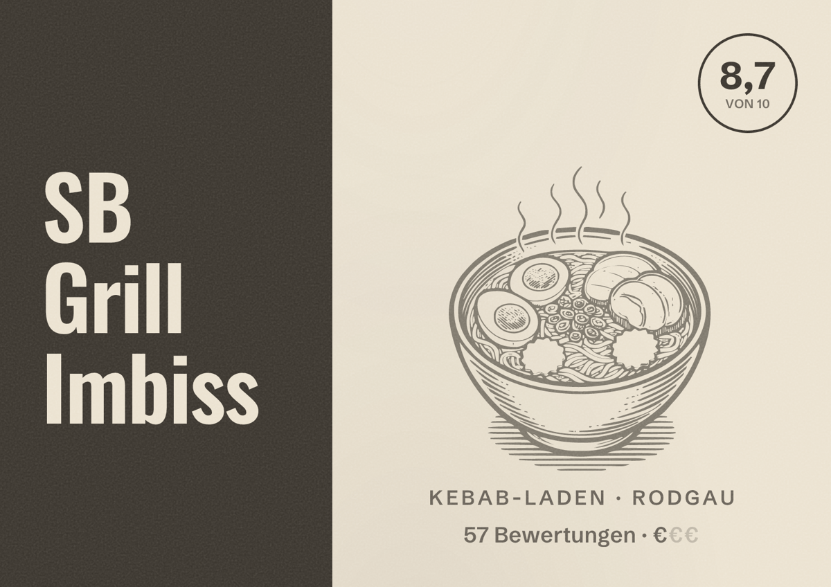 Illustriertes Poster von SB Grill Imbiss, Kebab-Laden in Rodgau: Bewertung 8,7 von 10 aus 57 Bewertungen, Preisniveau €