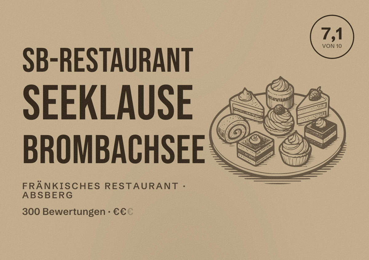 Illustriertes Poster von SB-Restaurant Seeklause Brombachsee, Fränkisches Restaurant in Absberg: Bewertung 7,1 von 10 aus 300 Bewertungen, Preisniveau €€