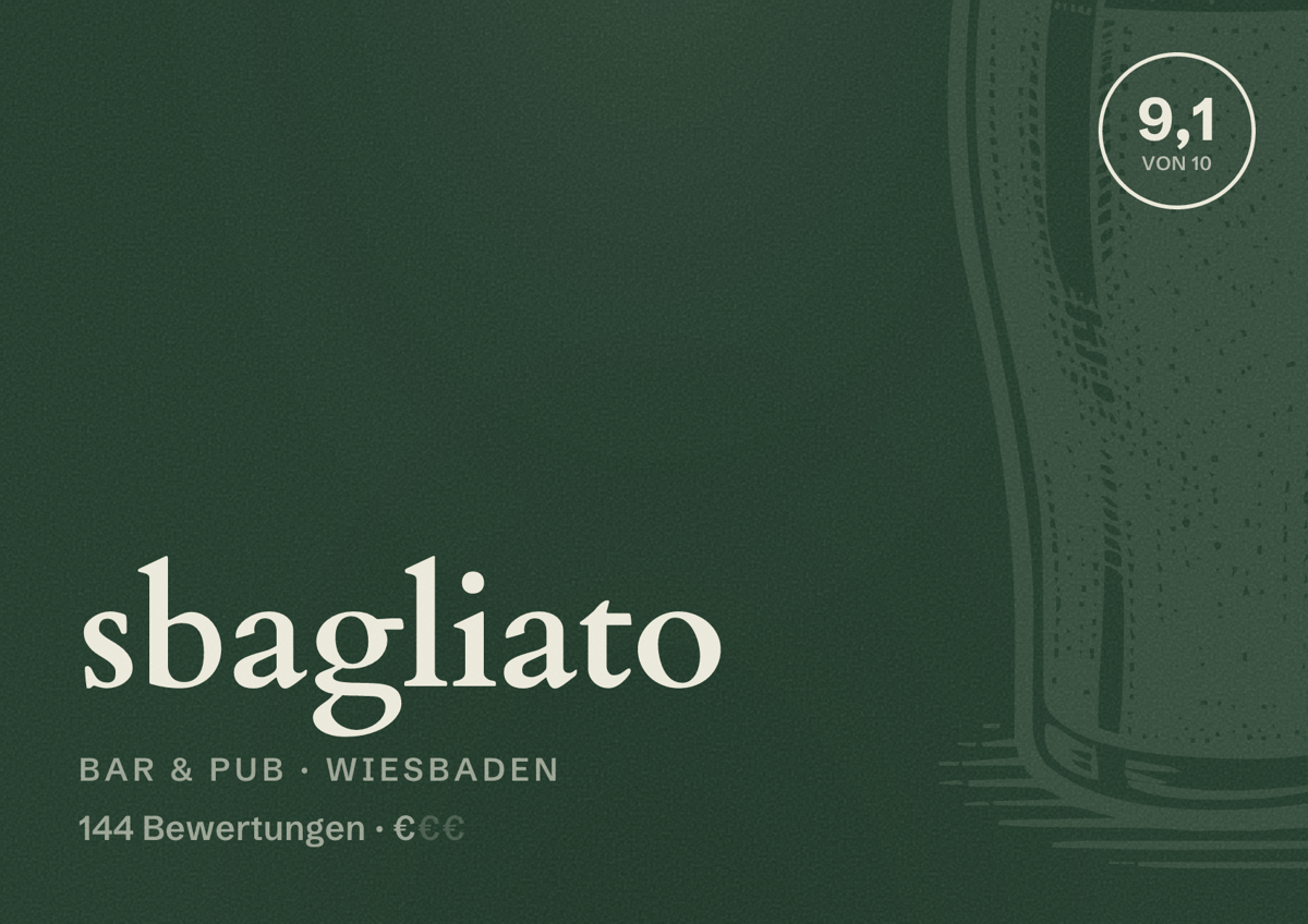 Illustriertes Poster von sbagliato, Bar & Pub in Wiesbaden: Bewertung 9,1 von 10 aus 144 Bewertungen, Preisniveau €