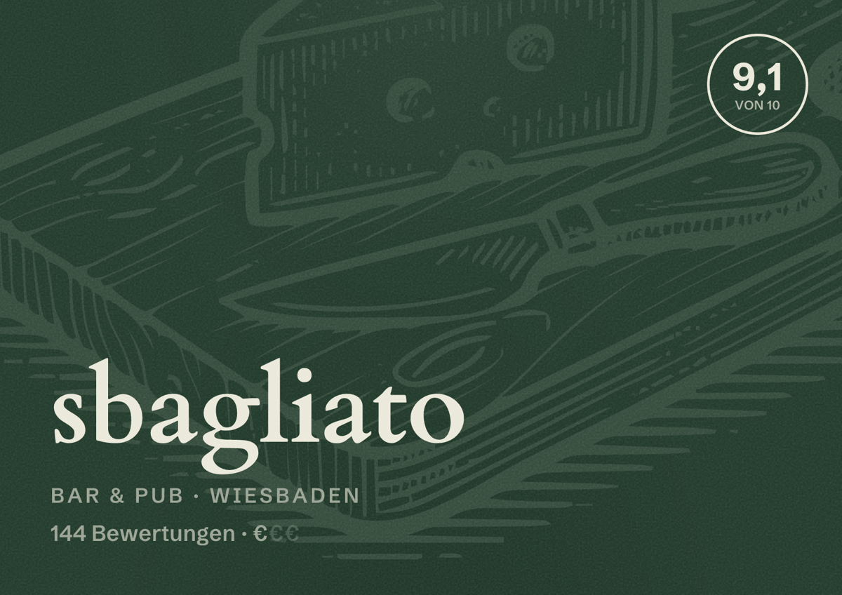 Illustriertes Poster von sbagliato, Bar & Pub in Wiesbaden: Bewertung 9,1 von 10 aus 144 Bewertungen, Preisniveau €