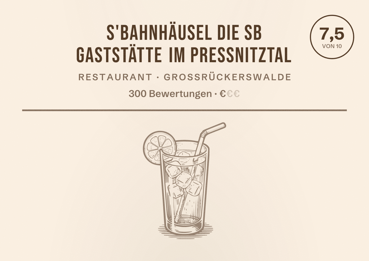 Illustriertes Poster von s'Bahnhäusel Die SB Gaststätte im Preßnitztal, Restaurant in Großrückerswalde: Bewertung 7,5 von 10 aus 300 Bewertungen, Preisniveau €