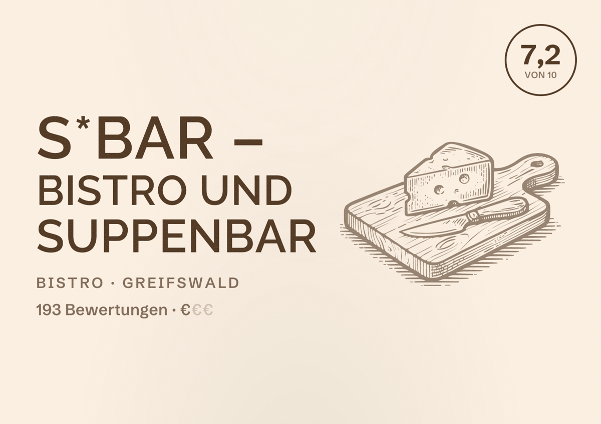 Illustriertes Poster von s*bar – Bistro und Suppenbar, Bistro in Greifswald: Bewertung 7,2 von 10 aus 193 Bewertungen, Preisniveau €