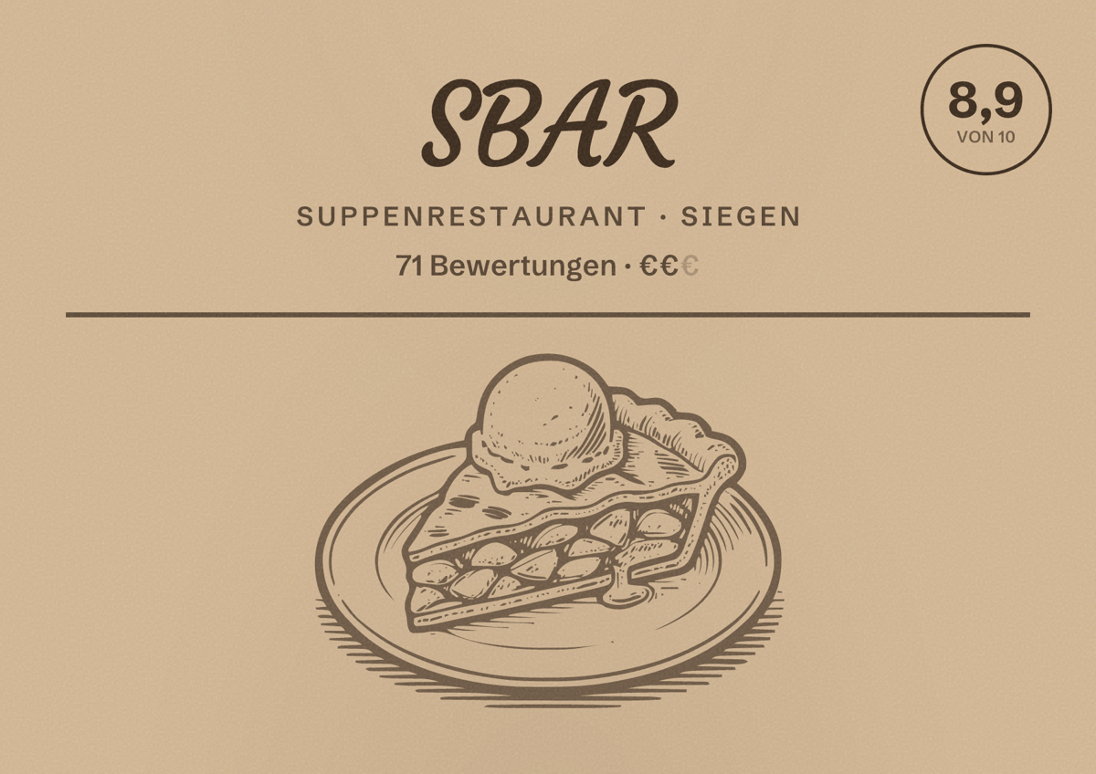 Illustriertes Poster von SBAR, Suppenrestaurant in Siegen: Bewertung 8,9 von 10 aus 71 Bewertungen, Preisniveau €€