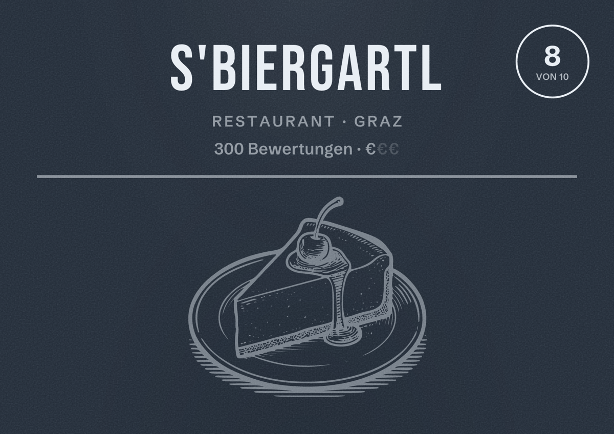 Illustriertes Poster von s'Biergartl, Restaurant in Graz: Bewertung 8 von 10 aus 300 Bewertungen, Preisniveau €