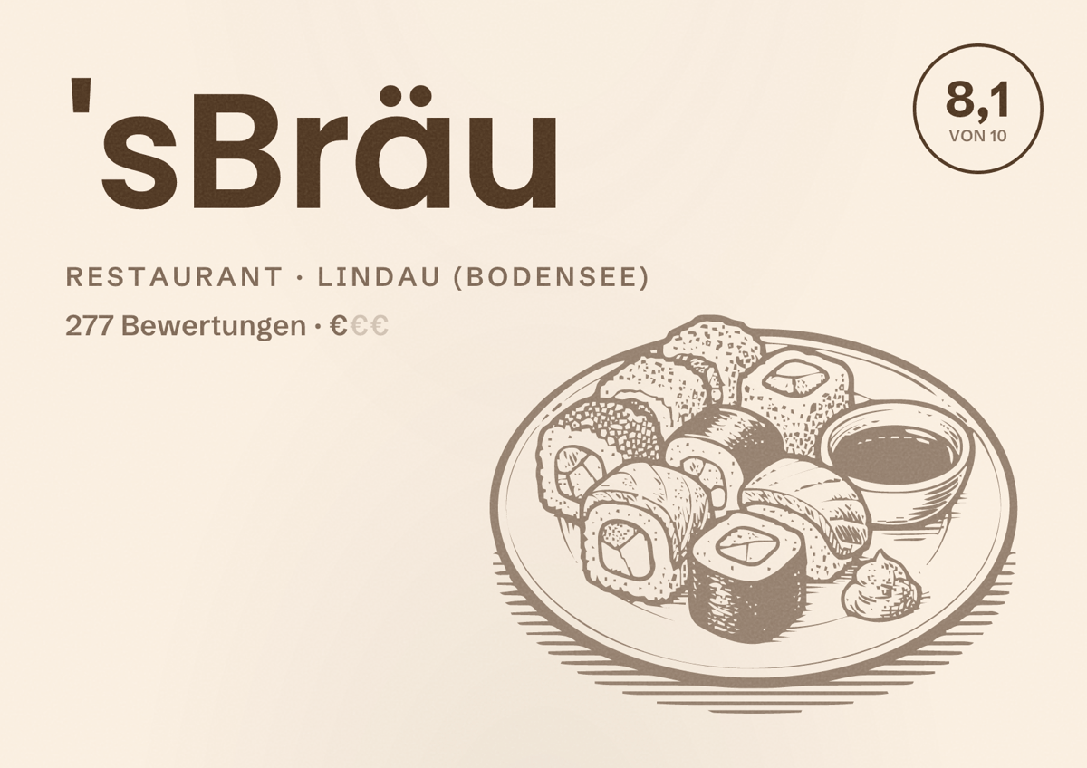 Illustriertes Poster von 'sBräu, Restaurant in Lindau (Bodensee): Bewertung 8,1 von 10 aus 277 Bewertungen, Preisniveau €